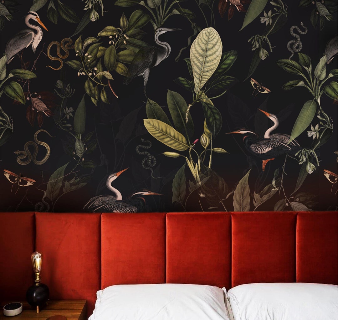 Botanic Wallpaper, Dark Heron and Moth, Navy Blue Background, Snakes