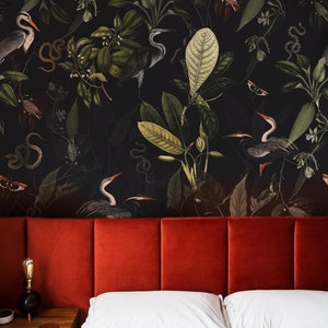 botanic wallpaper, dark heron and moth, navy blue background, snakes, plants, fern, room decor || #B25