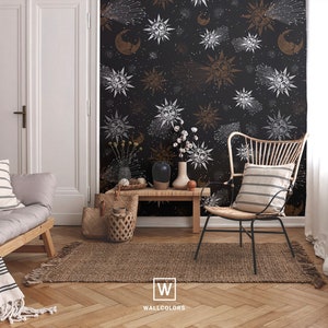 Carta da parati vintage con luna e sole, stelle, murale rimovibile o in vinile, sfondo nero, decorazione per soggiorno, decorazione da parete per bambini // #V40