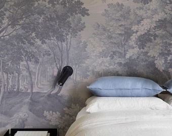 Blue Forest Wallpaper Mural: Vintage Trees, Peel & Stick or Vinyl #L29