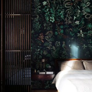 botanical wallpaper secret garden at night green, snakes and birds, plants, black background, peel&sticks or vinyl wall murals #B29