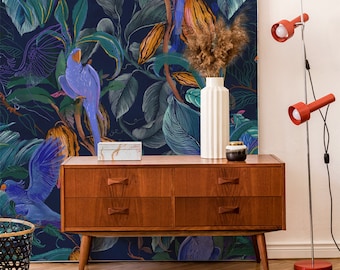 Blue Parrot Tropical Wallpaper: Navy Cocoa Tree Wall Mural #T4