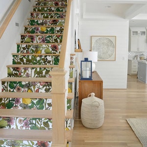 removable stair riser decals, flowers and pears on white background, sticker for stairs, plants, peel & stick material, floral sticker