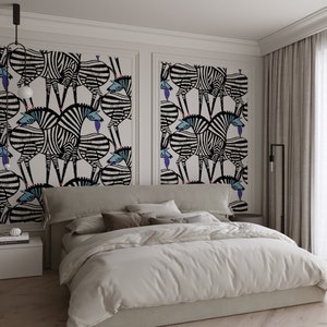 carta da parati vintage, zebre danzanti, animali selvatici, murale astratto, arte murale, dipinto di zebra, decorazione rimovibile per la stanza // #V34