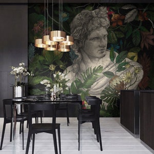 Carta da parati David, statua, giardino tropicale, foglie e fiori, stacca e attacca, murale floreale, decorazione da parete scura // #F7