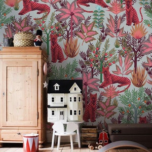 carta da parati per bambini tigri rosa, giungla beige chiaro, ghepardo e palme, pianta tropicale, murale, stacca e attacca/tessuto non tessuto, arredamento camera da letto // #K21