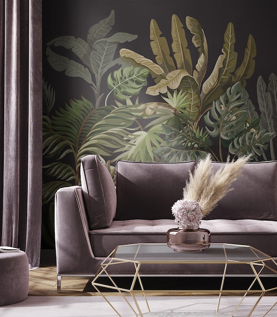 Tropical Jungle Wallpaper Large Botanical Pattern Black Etsy