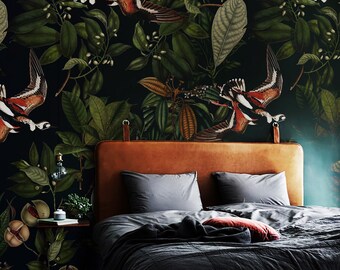 Orange Bird Botanical Wallpaper: Dark Background Wall Mural #B15