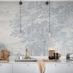 Landschafts Tapete Ethereal Forest Blau, Vintage Tapete, Wandbild für das Schlafzimmer, Wanddeko, gemütliche Tapete || #L17