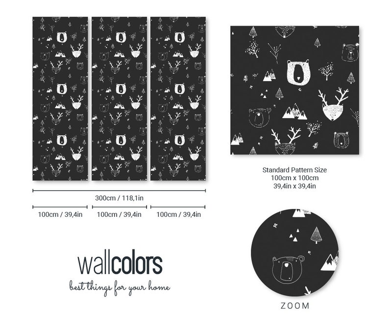 black and white pattern kids wallpaper removable bears and deers in the forest kids room decor || #8 wall murals