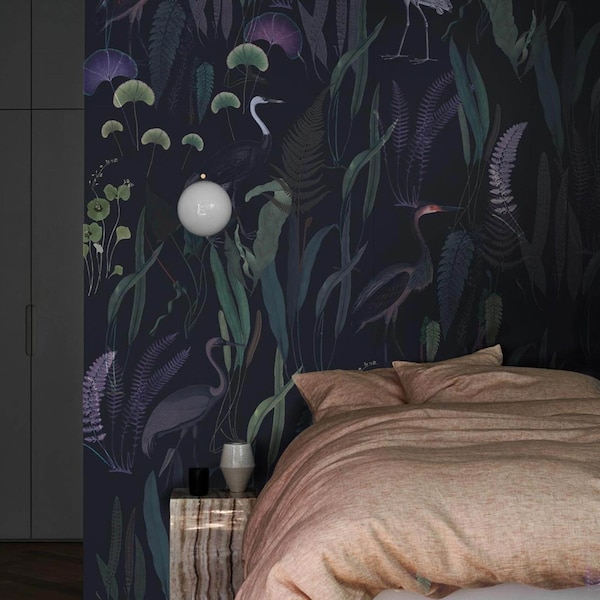 Calm Heron Purple Wallpaper - Botanical Wall Decor, Removable or Vinyl Wall Murals - Botanic Room Decor - #B27