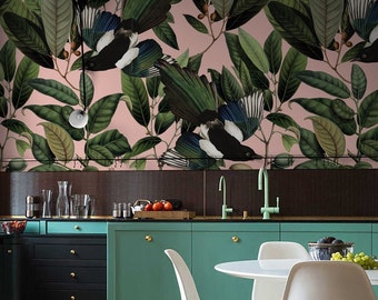 Blue Bird Removable Wallpaper: Botanical Pink Wall Mural #V19