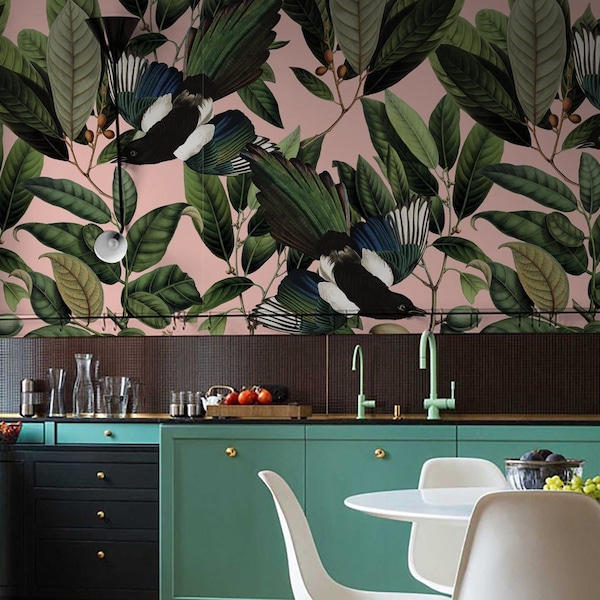 removable vintage wallpaper, blue bird and leaves pattern, pink background, unique graphics, botanical, room decor, wall mural || #V19