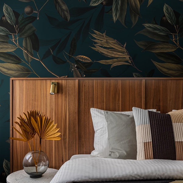 Removable or traditional vintage wallpaper, olive and lemon branch, turquoise background, botanical room decor  || #V5