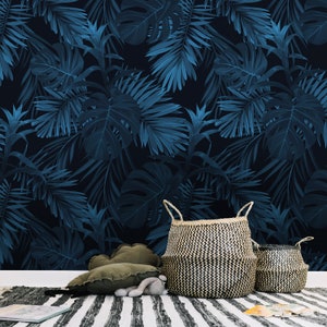 tropical wallpaper, exotic, Hawaiian plants and flowers, tropical leaf pattern, monstera and palm, peel & stick wall decor || #T8