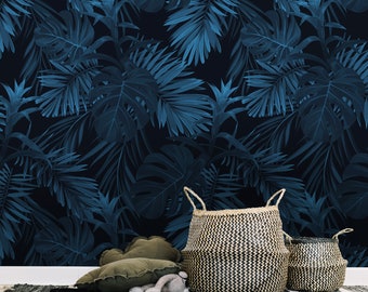 tropical wallpaper, exotic, Hawaiian plants and flowers, tropical leaf pattern, monstera and palm, peel & stick wall decor || #T8