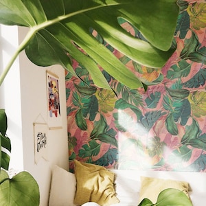 wall mural monstera leaves on pink background, vintage wallpaper, removable, tropical palm leaves, home decor || #T21