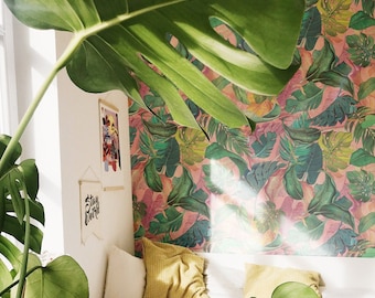 Monstera Leaf Wall Mural: Tropical Pink Vintage Wallpaper, Removable #T21