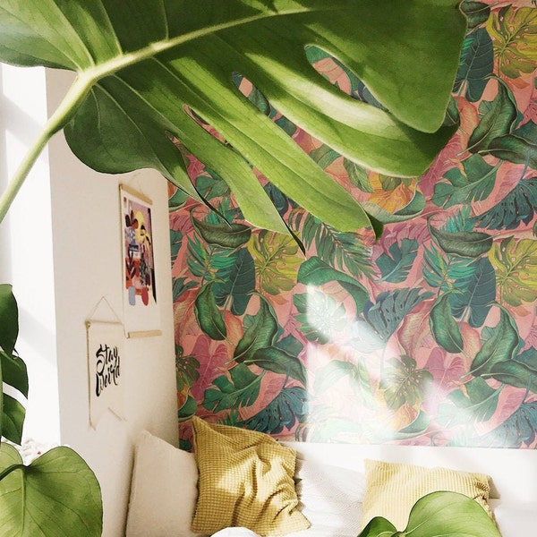 papier peint mural feuilles de monstera sur fond rose, papier peint vintage, feuilles de palmier tropicales amovibles, décoration d'intérieur || #T21