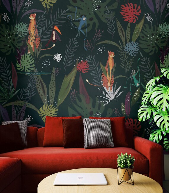 Tropical Wallpaper Wild Life Dark Jungle Cheetah And Blue Etsy