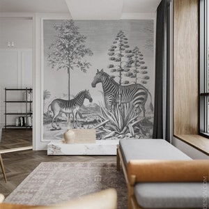 Vintage Tapete, Lazzy Day, Zebra und Eidechse, Dschungel, wilde Tiere, rückstandsfrei entfernbar, selbstklebend, Tapete, Wanddeko, Wanddeko || #A8