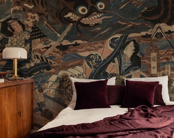 Bushido wallpaper, dragon painting, samurai, geisha, non-woven or peel and stick, large wall mural, wall decor || #J2