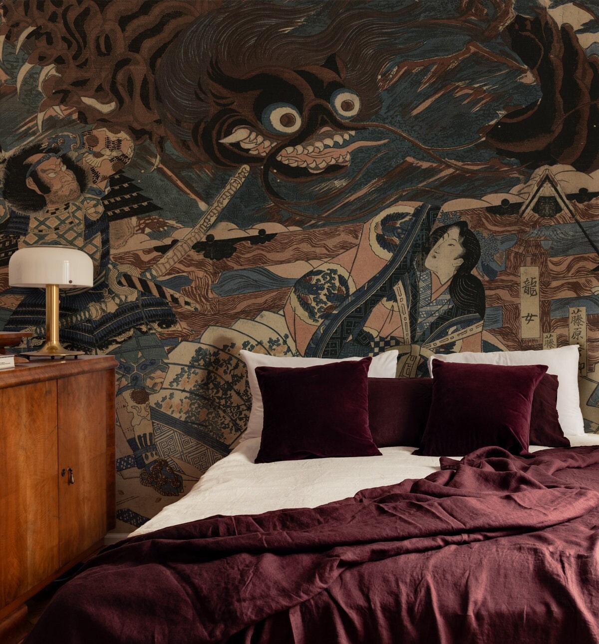 Bushido wallpaper, dragon painting, samurai, geisha, non-woven or peel and stick, customise wall mural, bedroom decor || #J2