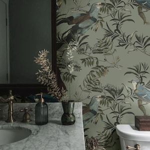vintage removable wallpaper, birds in garden green background, leaves, peel & stick or traditional non woven wallpaper, botanical decor #V22