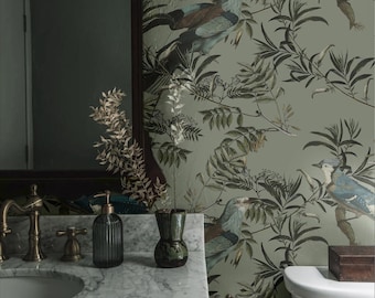 Birds in Garden Wallpaper: Green Botanical Peel & Stick or Non-Woven #V22