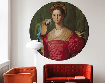 Mother of birds circle wallpaper, peel and stick, round sticker, woman and colorful parrot, lady in red, living room decor, reproduction