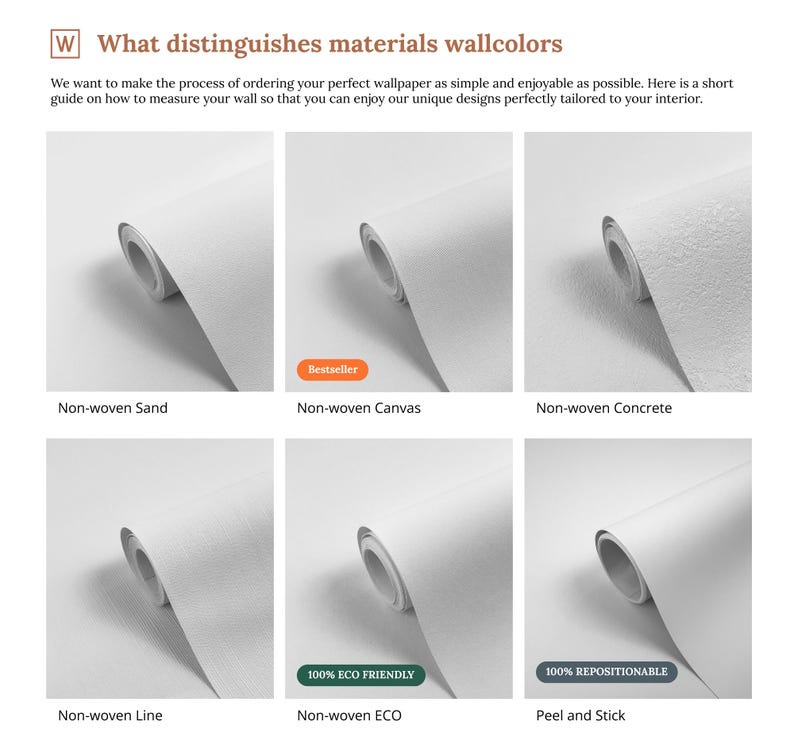 Pode incluir: Uma compara&ccedil;&atilde;o de diferentes materiais de papel de parede, incluindo n&atilde;o tecido de areia, tela, concreto, linha e op&ccedil;&otilde;es ecol&oacute;gicas. A imagem mostra vistas de perto de cada material, destacando suas texturas e acabamentos.