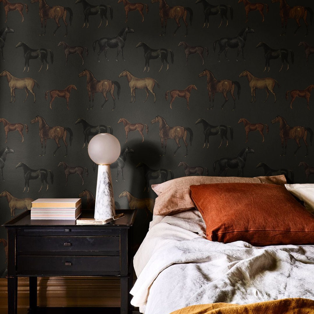 vintage wallpaper, horses pattern, olive wall mural, green background, self-adhesive, unique graphics, room decor || #V44