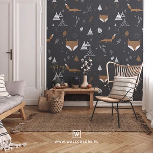 carta da parati per bambini, rimovibile, volpi nella foresta, sfondo scuro, parete con volpi, murale, arredamento per cameretta bambini, arredamento per la stanza // #K2