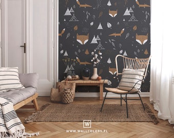 kids wallpaper, removable, foxes in the forest, dark background, wall in foxes, wall mural, kids bedroom decor, room decor || #K2