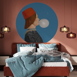 Adesivo circolare Ragazzo con gomma da masticare, carta da parati rimovibile, uomo con cappello rosso, ritratto rinascimentale, carta da parati geometrica, arredamento camera da letto
