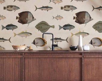 papel pintado vintage extraíble, pelar y pegar, patrón de pescado, pescado de mar, gráficos únicos, botánico, decoración de habitación vintage, cocina // #V8