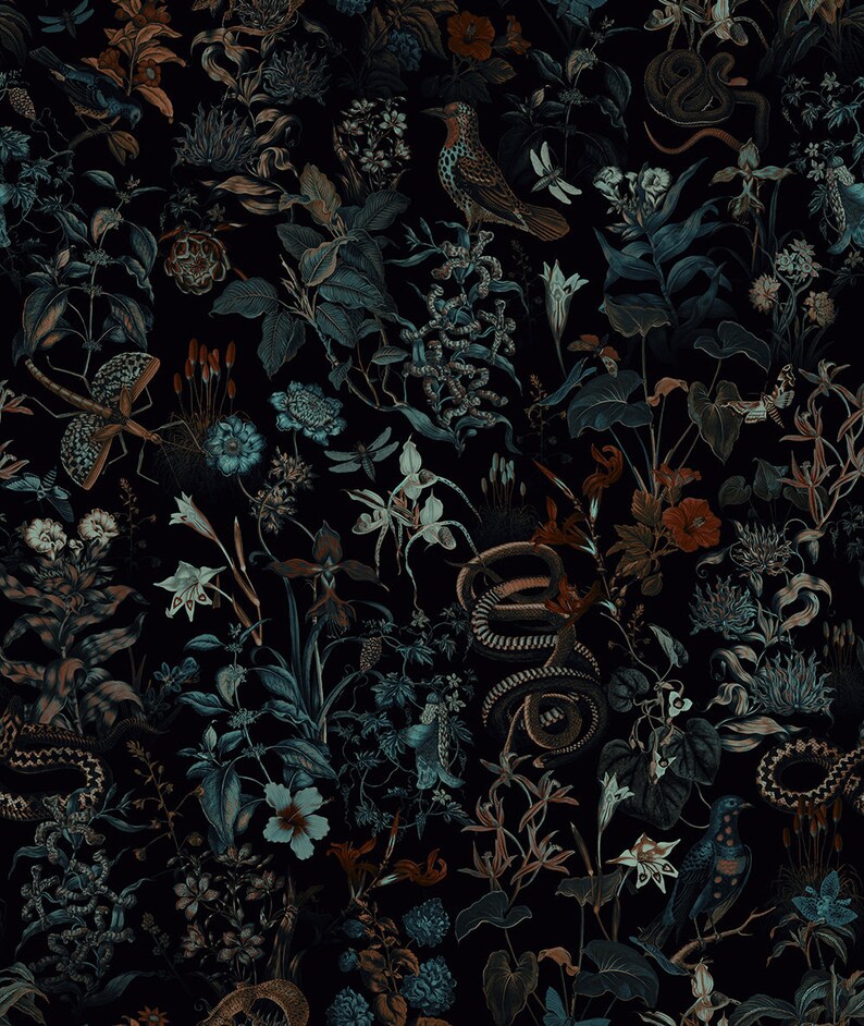 Botanical wallpaper secret garden at night black bacground Etsy