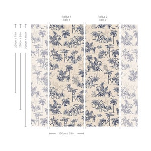 May include: Two wallpaper rolls featuring a dark blue jungle animal and palm tree pattern on a light beige background. The image includes dimension markers for heights of 200cm/78in, 250cm/98in, 300cm/118in and a width of 100cm/39in, labeled as Rolka 1/Roll 1 and Rolka 2/Roll 2.