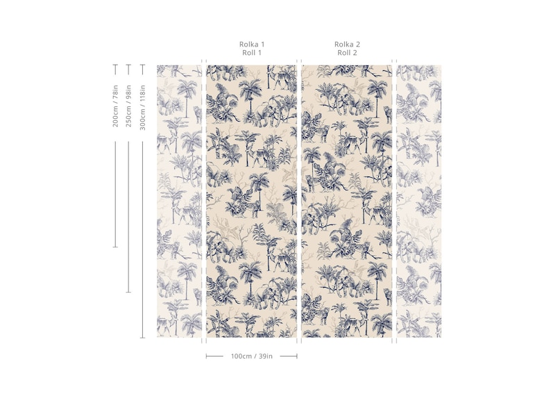 May include: Two wallpaper rolls featuring a dark blue jungle animal and palm tree pattern on a light beige background. The image includes dimension markers for heights of 200cm/78in, 250cm/98in, 300cm/118in and a width of 100cm/39in, labeled as Rolka 1/Roll 1 and Rolka 2/Roll 2.
