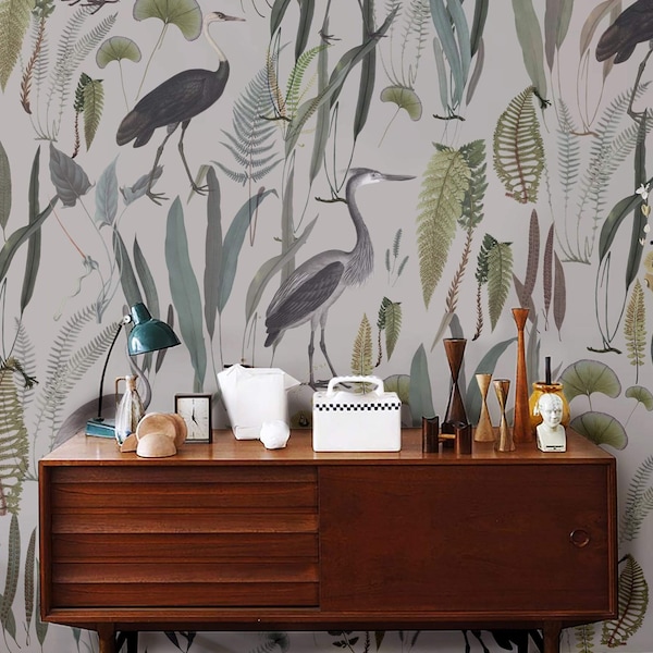 botanic wallpaper, calm heron, beige background, bird, green plants, fern, room decor || #B22