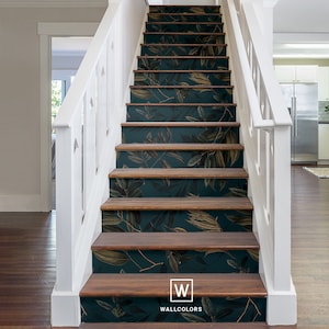 botanical removable stair riser decals, olive and lemon branch sticker for stairs, turquoise background, plants, peel & stick material