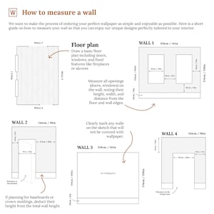 Pode incluir: Diagrama que mostra como medir uma parede para papel de parede. O diagrama mostra um plano de planta com quatro paredes, cada uma etiquetada com medidas em polegadas e cent&iacute;metros. O diagrama tamb&eacute;m inclui instru&ccedil;&otilde;es sobre como medir as aberturas, como portas e janelas, e como marcar as &aacute;reas que n&atilde;o ser&atilde;o cobertas com papel de parede.