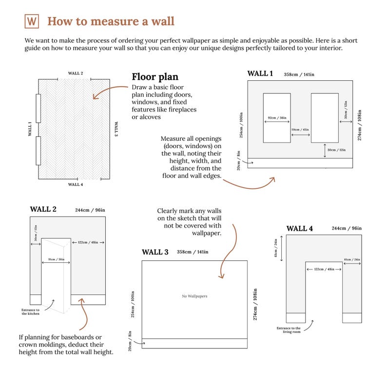 Pode incluir: Diagrama que mostra como medir uma parede para papel de parede. O diagrama mostra um plano de planta com quatro paredes, cada uma etiquetada com medidas em polegadas e cent&iacute;metros. O diagrama tamb&eacute;m inclui instru&ccedil;&otilde;es sobre como medir as aberturas, como portas e janelas, e como marcar as &aacute;reas que n&atilde;o ser&atilde;o cobertas com papel de parede.