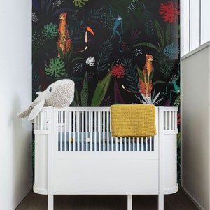 Carta da parati per bambini con motivo tropicale, fauna selvatica, giungla oscura, ghepardo e scimmia blu, murale, decorazione per cameretta // #K22
