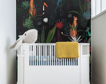 Kids wallpaper tropical peel and stick, wild life, dark jungle, cheetah and blue monkey, wall mural, child room decor || #K22