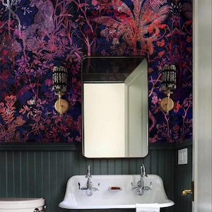 carta da parati tropicale, palme rosse e pavone, blu navy, murale con ghepardo, piante orientali, pell&stick, decorazione della stanza #T6