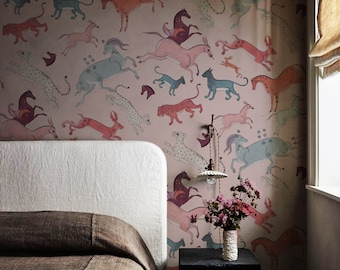 vintage wallpaper, oriental animals, light pink background, peel and stick mural, girl room decor || #C1