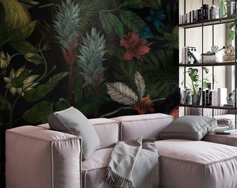 floral wallpaper, mysterious flower, tropical garden, leaves and flowers, peel & stick or nonwoven, wall mural || #F1