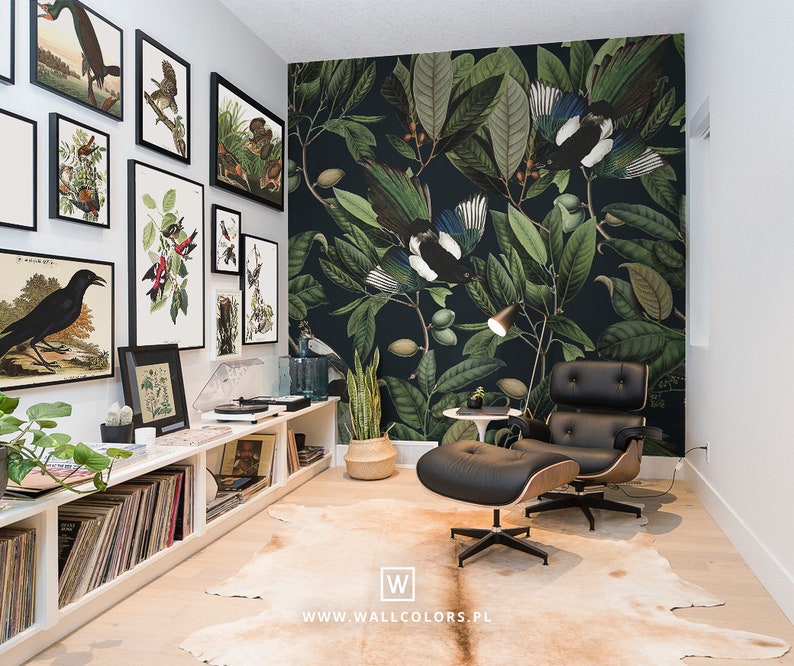 removable vintage wallpaper, blue bird and leaves pattern, dark background, unique graphics, botanical, room decor, wall mural V18 image 5