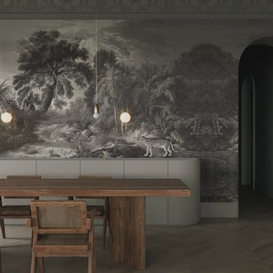 Ocelot Wallpaper: Black Jungle Vintage Landscape Peel & Stick #L1